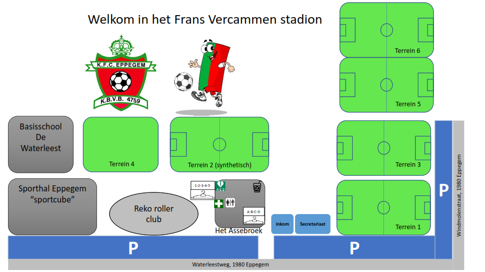 Grondplan van het Frans Vercammen stadion met de zes terreinen, Het Assebroek, de sporthal en de parkings